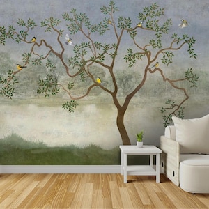 Chinoiserie Tree & Birds Wallpaper Mural – Neutral Vintage Forest Canvas Wall Covering, Botanical Landscape Wall Decor for Home Accent Walls