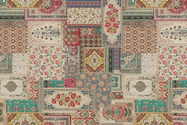 Vintage Patchwork Wallpaper Mural, Rajasthani Floral Oriental Carpet ...