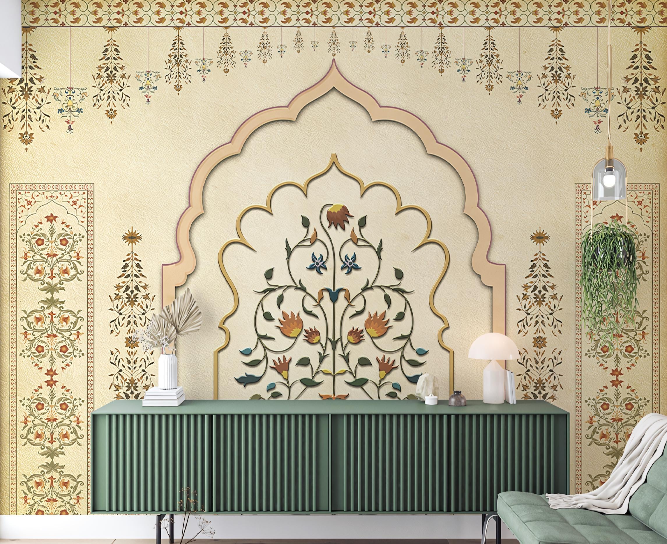 Rajasthani Jharokha Arches Wallpaper Mural for Home Decor, Luxury Mughal Architecture Floral Wall Mural, Traditional Indian Haveli Wall Art