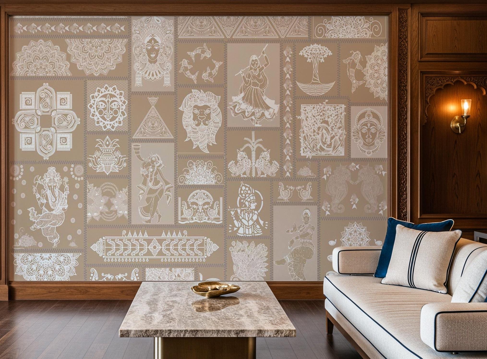 Traditional Madhubani Indian Wallpaper Mural With Beige Background for ...