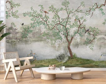 Chinoiserie Wisteria Garden Mural Wallpaper, Japanese Lake Oriental Wall Art, Traditional Asian Scenic Wallcovering with Birds & Cranes Deco