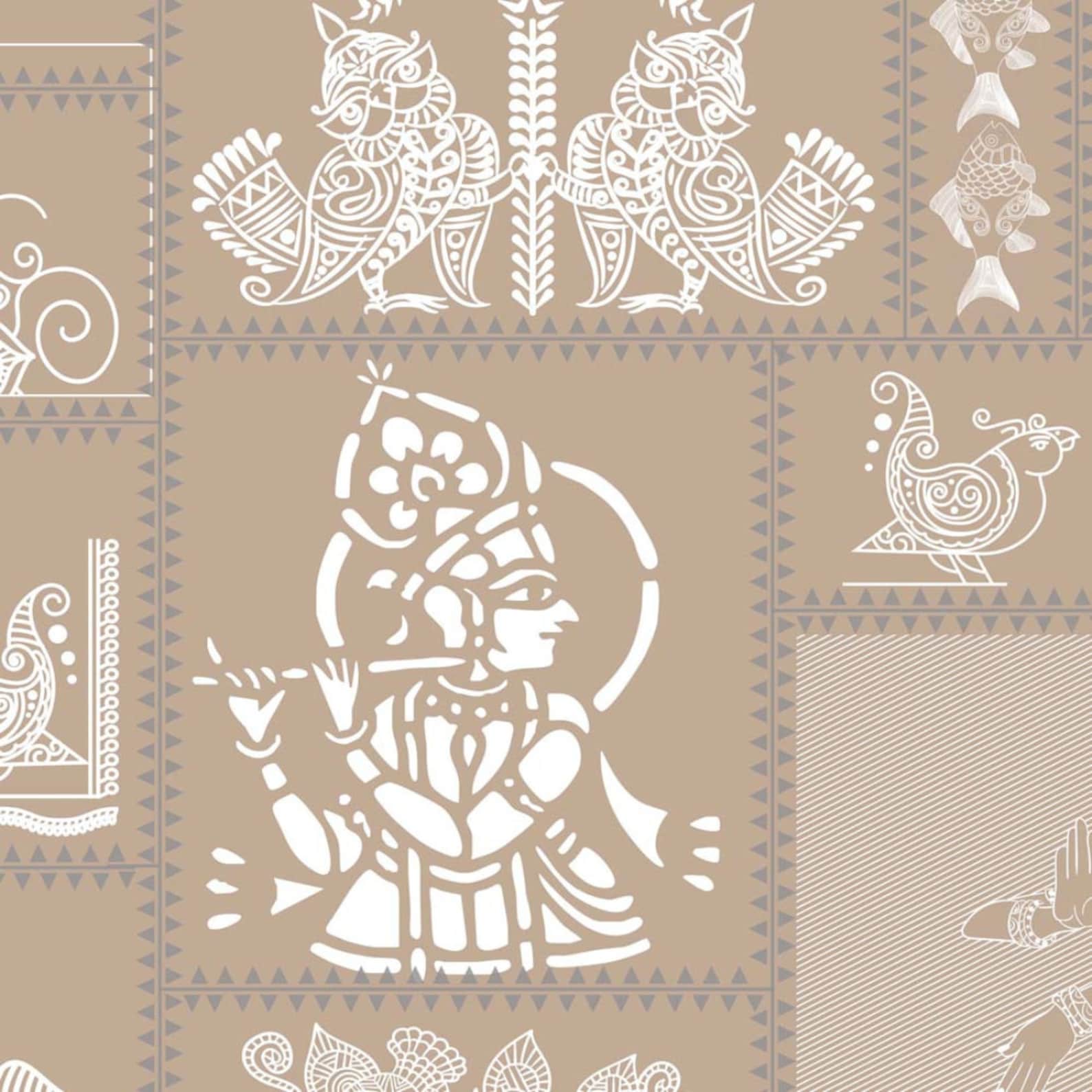 Traditional Madhubani Indian Wallpaper Mural With Beige Background for ...