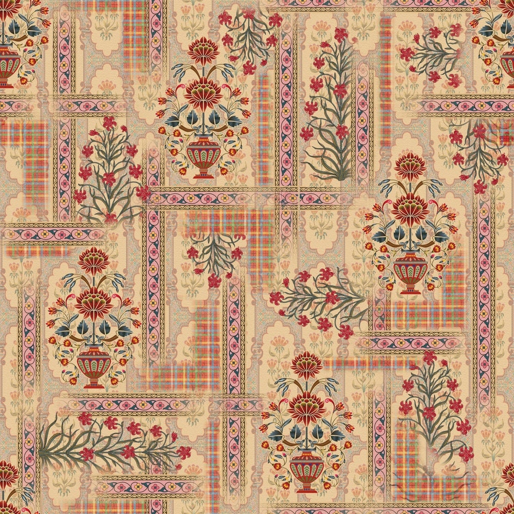 Beige Mughal Floral Patchwork Wallpaper Wall Mural - Traditional Indian ...