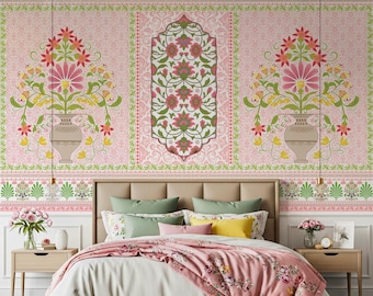 Mughal Floral Arch Wallpaper Mural for Living Room: Traditional Indian Custom Size Wall Decor for Interior, Luxury Canvas Textured Wallpaper