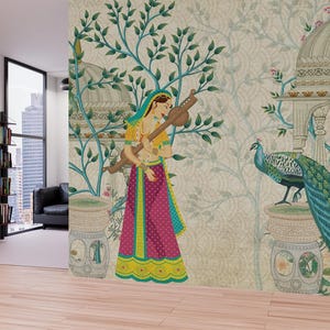 Indian Woman In Garden Wallpaper, Traditional Temple Wall Mural, Vintage Jharokha Wall Art for Home Decor, Floral Peacock Wall Covering