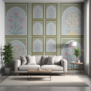 Indian Wallpaper Mural Featuring Floral Jharokha Arches Mughal Art Wall ...
