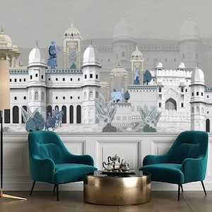 Majestic Rajasthani Palace Indian Wallpaper Mural | Ethnic and Traditional Large Wall Art | Royal Palace Wall Covering for Wall Decor