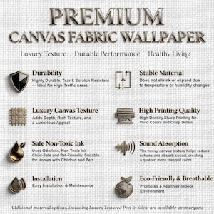 Premium canvas fabric wallpaper and custom wall mural with luxury textured finish, durable tear and scratch resistant material, stable non-shrinking fabric, high-definition sharp printing, eco-friendly non-toxic ink, breathable structure with sound absorption, available in paste the wall or luxury peel and stick installation, ideal for designer interiors, upscale living rooms, bedrooms and commercial spaces.
