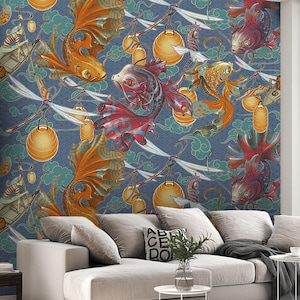 Maximalist Chinoiserie Japanese Wallpaper, Moody Koi Fish Garden Waves Mural, Lantern Dragonfly Wallcovering, Oriental Accent Wall Art Decor