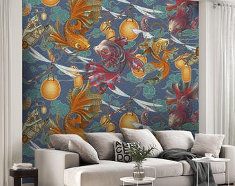 Maximalist Chinoiserie Japanese Wallpaper, Moody Koi Fish Garden Waves Mural, Lantern Dragonfly Wallcovering, Oriental Accent Wall Art Decor