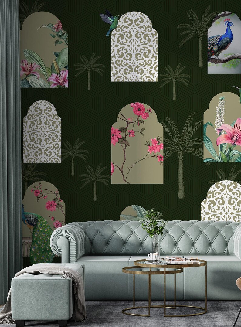Indian Jharokha Arches Wallpaper Mural - Floral Window Wall Covering ...