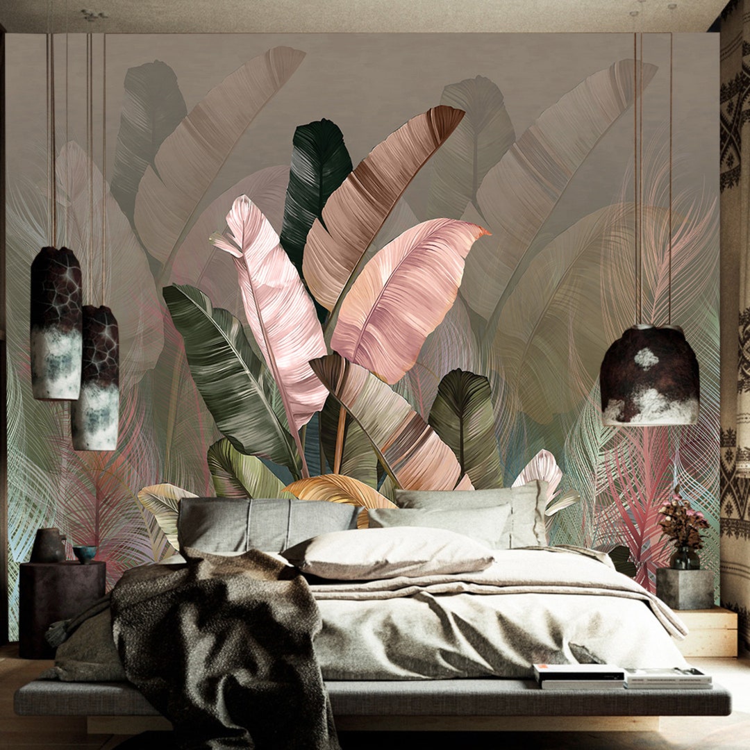 Colorful Banana Leaf Wallpaper Tropical Banana and Palm Leaf Wall Mural
