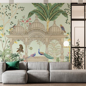 Traditional Mughal Garden Birds Arch Wallpaper, Vintage Temple with Peacock Wall Mural, Indian Floral Motifs, Indian Miniature Art Canvas
