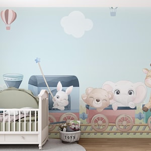 Cartoon Animal Train Wallpaper – Cute Baby Friends Mural for Nursery Decor, Whimsical Wall Covering for Kids Room, Toddler Bedroom, Playroom