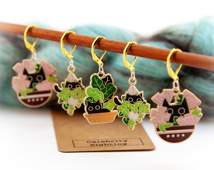 Cats in plants! - 5 Stitch Markers for Knitting and Crochet!