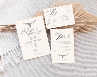 May include: A set of three wedding invitation cards with a rustic theme. The cards are cream colored with black text and a drawing of a longhorn skull. The text on the cards includes the names "Lilly James" and "Reese Singer" and the date "August 10th, 2023".