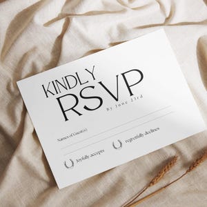 Personalizável, faça você mesmo, convite de casamento, modelo de cartão RSVP, casamento em fazenda ocidental, design Canva, convite de casamento ocidental, download digital