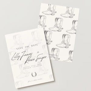 Peut inclure: Carte de sauvegarde de la date avec une illustration en noir et blanc de bottes de cowboy. Le texte indique "Lilly James & Reese Singer August 24th, 2024 Boulder, Colorado"