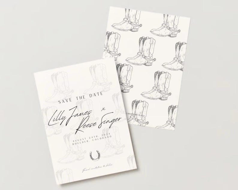 Peut inclure: Carte de sauvegarde de la date avec une illustration en noir et blanc de bottes de cowboy. Le texte indique "Lilly James & Reese Singer August 24th, 2024 Boulder, Colorado"