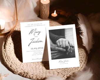 May include: Two white cards with black text. The top card says "You are invited to celebrate the wedding of Macy and Jackson 12.03.2024" and the bottom card says "Three o'clock in the afternoon at the Hilton 1000 East Road Denver, Colorado". The second card is a photo of two hands holding each other with a ring on one finger.