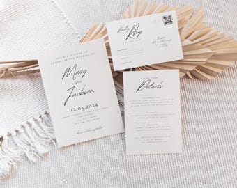Minimalist Lover Wedding Invitation Set Template, Modern Wedding Invite, Boho Wedding, RSVP, Photo Wedding Suite, Editable Template, Details