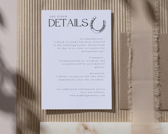 Op de afbeelding: Een blauwe en witte kaart met details over de bruiloft met een hoefijzer-afbeelding. De kaart bevat informatie over accommodatie, vervoer en receptie. De tekst luidt "The Finer Details".