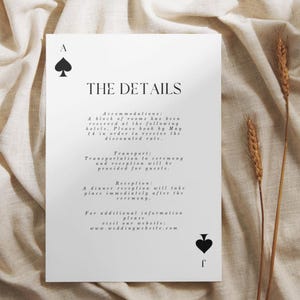Modelo de convite de casamento de cartas de baralho, cartão de acomodação de casamento personalizável, convite de casamento de cassino, detalhes do casamento, modelo editável