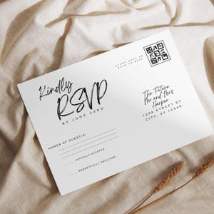 Modelo de convite de casamento simples, convite de casamento personalizado, cartão de RSVP de casamento minimalista, cartão de RSVP de código QR, modelo editável, Carmen