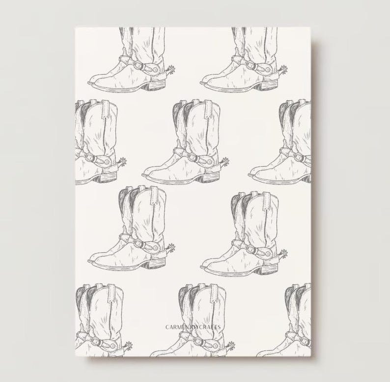 Peut inclure: Un motif r&eacute;p&eacute;t&eacute; en noir et blanc de bottes de cowboy avec des &eacute;perons. Les bottes sont dessin&eacute;es dans un style simple et dessin&eacute; &agrave; la main.