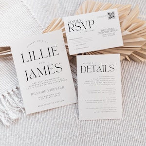 Minimalist Wedding Invitation Set Template, Modern Wedding Invite, Boho Wedding,QR RSVP, Wedding Suite, Editable Template, Details Card, Joy