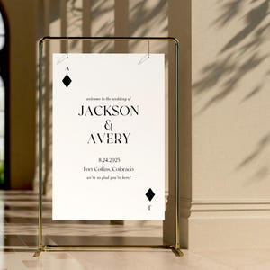 Modelo de placa de boas-vindas para casamento com cartas de baralho, placa de casamento personalizável, placa de casamento de cassino, sinalização de casamento, modelo editável, sorte