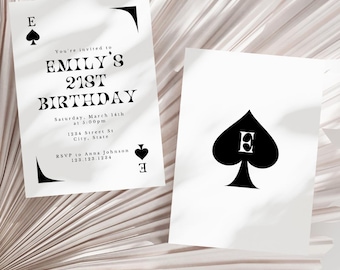 May include: A white invitation card with black text and a black spade card with the letter "E" in the center. The text reads "You're invited to Emily's 21st Birthday, Saturday, March 14th at 5:00pm, 1234 Street St, City, State, RSVP to Anna Johnson 123.123.1234".
