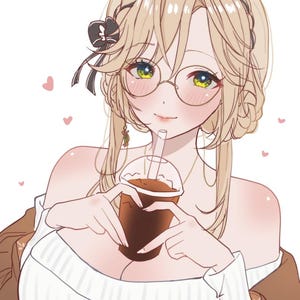 Może przedstawiać: Ilustracja w stylu anime przedstawiająca osobę z blond włosami, w okularach i białym swetrze. Osoba trzyma przezroczysty plastikowy kubek z ciemnym napojem, tworząc dłońmi kształt serca. Różowe serca unoszą się w tle.