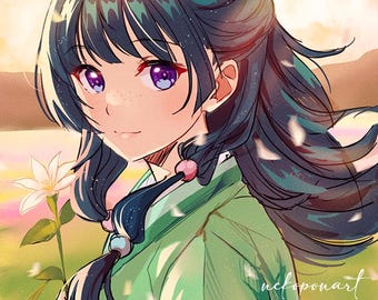 May include: A young woman with long, dark blue hair and purple eyes is wearing a green robe. She is standing in a field of white flowers with a sunset in the background. The text "nekopoart" is visible in the lower right corner of the image.