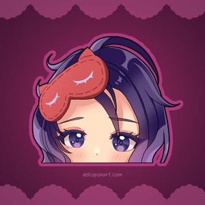 May include: A purple-haired anime character with a red sleep mask peeking over a pink background. The character has large, blue eyes and a blush on their cheeks. The text "nekoponart.com" is visible at the bottom of the image.