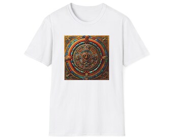 May include: White t-shirt with a colorful circular design featuring a face in the center. The design is surrounded by intricate details and patterns.
