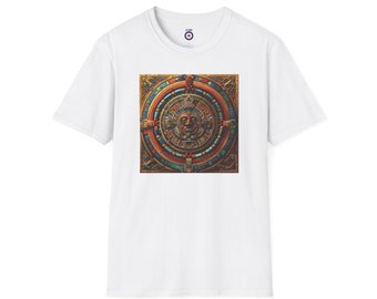 May include: White t-shirt with a colorful graphic print of a circular design with a face in the center. The design is surrounded by a gold frame.