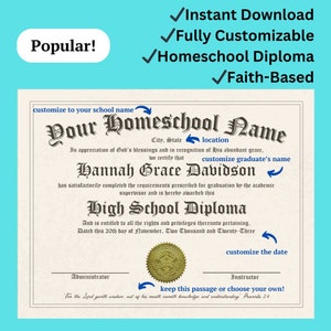 Faith-Based custom diploma, Christian high school diploma, homeschool diploma, digital download, diploma template, editable diploma, custom