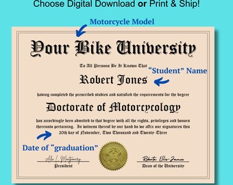 Motorcycle Gift, Custom-Made Diploma, Biker Diploma, Customizable, Digital Download or Print and Ship. Gag Diploma for Motorcycle Owner