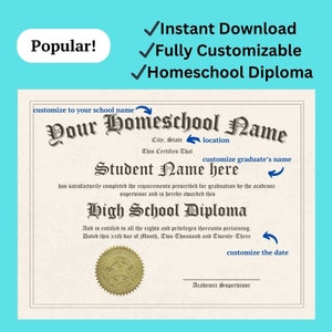 Diploma personalizado, diploma de escuela secundaria, diploma de educación en el hogar, personalizable, descarga digital, plantilla de diploma, diploma editable