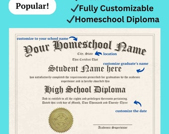 Custom diploma, highschool diploma, homeschool diploma, customizable, digital download, diploma template, editable diploma