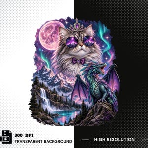 Peut inclure: Un graphisme numérique représentant un chat à poils longs portant une couronne ornée de bijoux, un nœud papillon violet et des lunettes rondes reflétant un paysage de montagne. Un dragon coloré est perché sur un rocher près d'un lac.