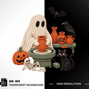 Peut inclure: Une illustration au crochet montrant un fantôme beige travaillant sur un tour de potier vert avec une citrouille orange, un squelette, un chat noir, un corbeau noir, une chauve-souris et des vases orange sur une étagère. Texte 300 DPI inclus.