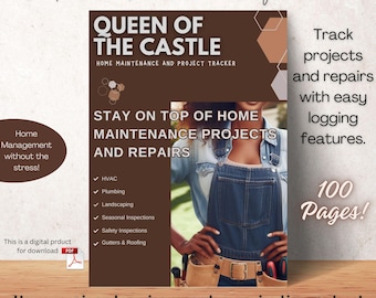 Libro de registro de mantenimiento del hogar y seguimiento de proyectos de la reina del castillo, propietario de una casa, PDF