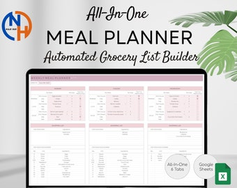 Weekly Meal Planner, Automated Grocery List, Google Sheets (Digital Template)