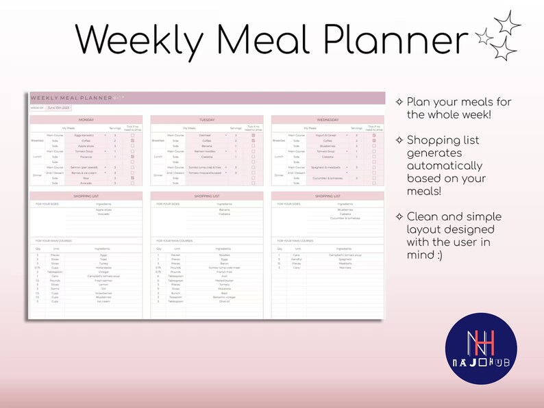 Weekly Meal Planner and Grocery List, Google Sheets Digital Template ...