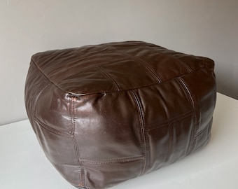 Vintage brown leather patchwork pouf