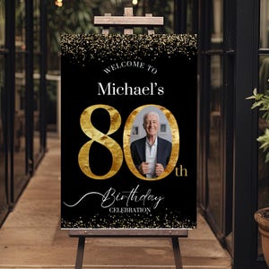 Modèle de plaque de bienvenue photo 80e anniversaire, affiche de bienvenue de fête noir et or pour 80e anniversaire, enseigne photo 80e anniversaire, téléchargement immédiat