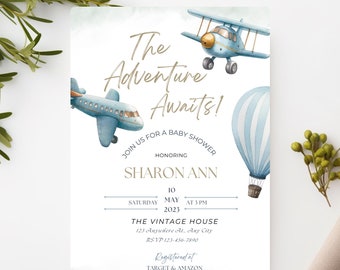 Inbjudan till varmluftsballong Vintage babyshowerinbjudan för pojke, äventyret väntar blå duschinbjudan, flygplansduschinbjudan