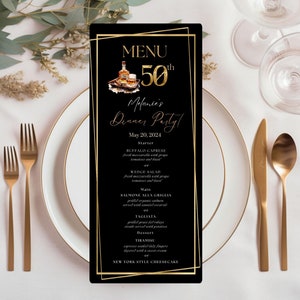 50. Zigar & Bourbon Dinner Menu Template, schwarz-goldenes 50. Geburtstags-Abendmenü, druckbares 50.